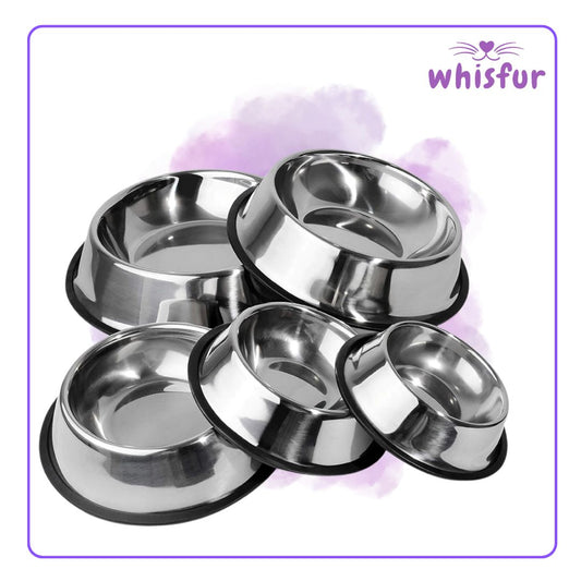 An Image of Stainless Bowls for Cats and Dogs (pc) with the logo of Whisfur Pet Supplies at the upper right corner.