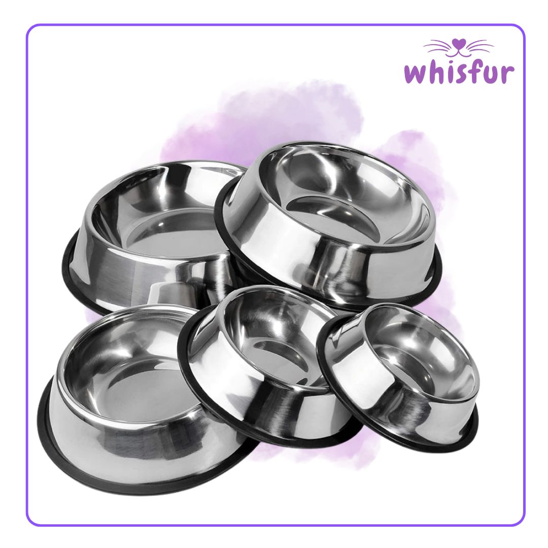 An Image of Stainless Bowls for Cats and Dogs (pc) with the logo of Whisfur Pet Supplies at the upper right corner.