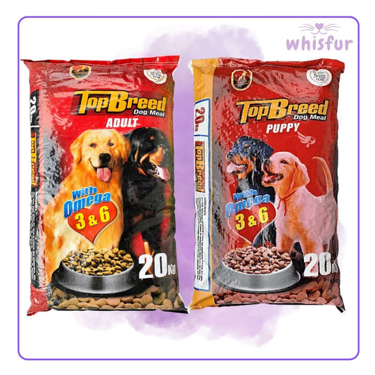An Image of TopBreed Dog Meal Dry Food for Dogs 20 kg for both adult and puppy with the logo of Whisfur Pet Supplies at the upper right corner.