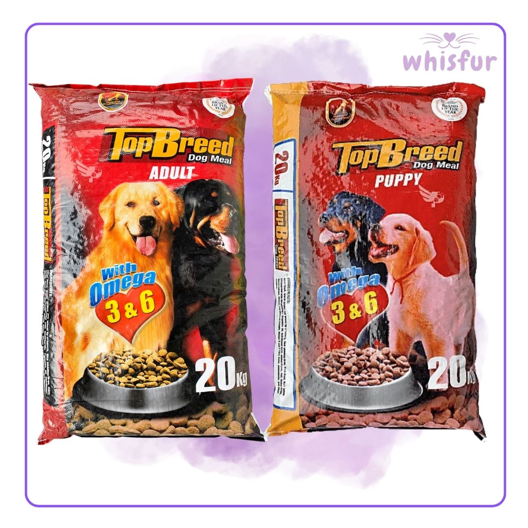 An Image of TopBreed Dog Meal Dry Food for Dogs 20 kg for both adult and puppy with the logo of Whisfur Pet Supplies at the upper right corner.