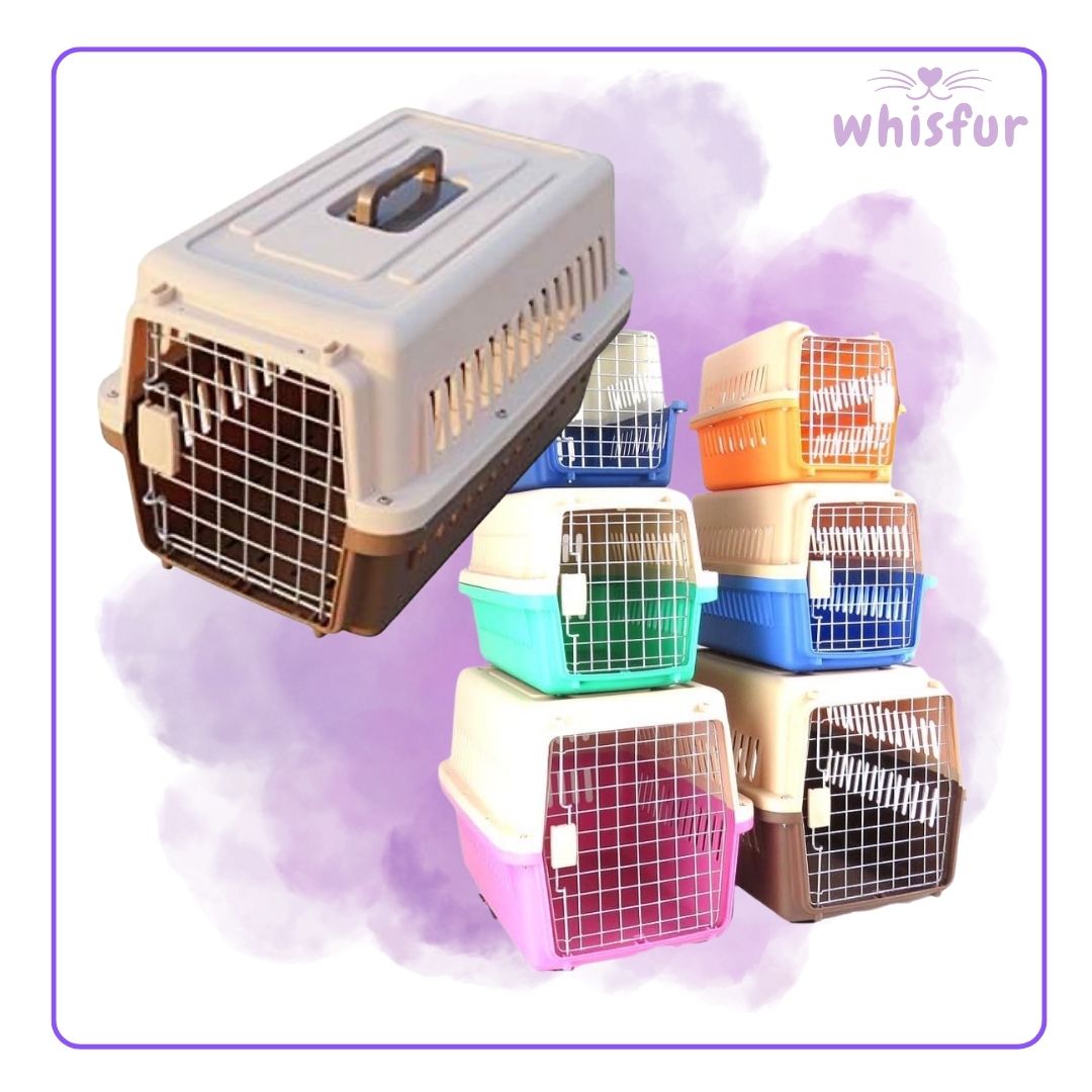 An Image of Travel Crate for Cats and Dogs (cage)1set small random color with the logo of Whisfur Pet Supplies at the upper right corner.
