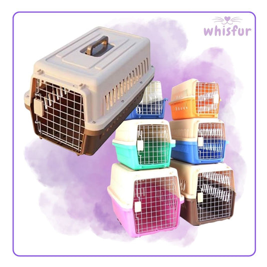 An Image of Travel Crate for Cats and Dogs (cage)1set small random color with the logo of Whisfur Pet Supplies at the upper right corner.