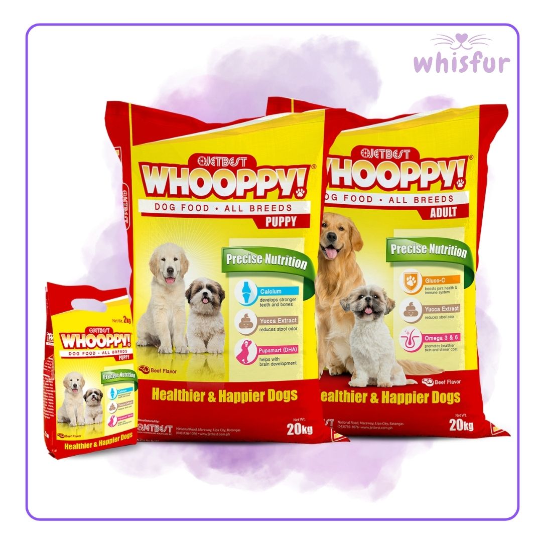 An Image of Whooppy Dog Food for All Breed (sack)20kg both for adult and puppy with the logo of Whisfur Pet Supplies at the upper right corner.