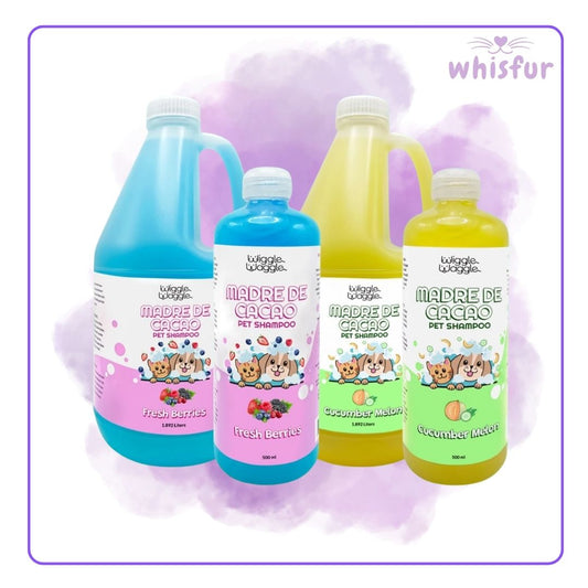 An Image of Wiggle Waggle Madre de Cacao Pet Shampoo in 500ml and half gallon in varying scents with the logo of Whisfur Pet Supplies at the upper right corner.