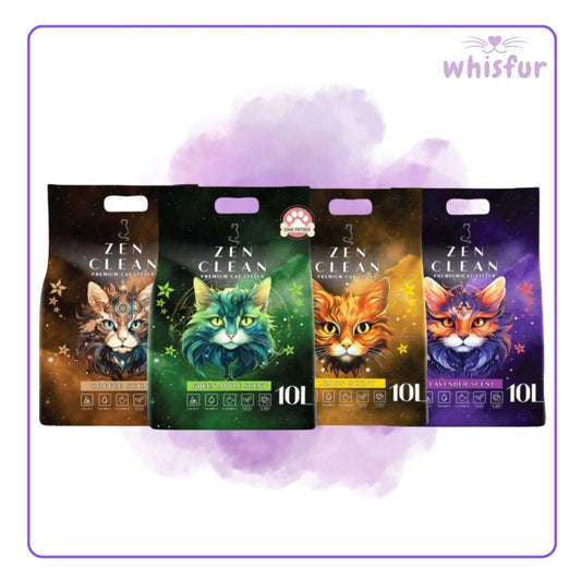 Four packages of 'Zen Clean' cat litter with colorful cat illustrations on a purple watercolor background, branded 'whisfur'.