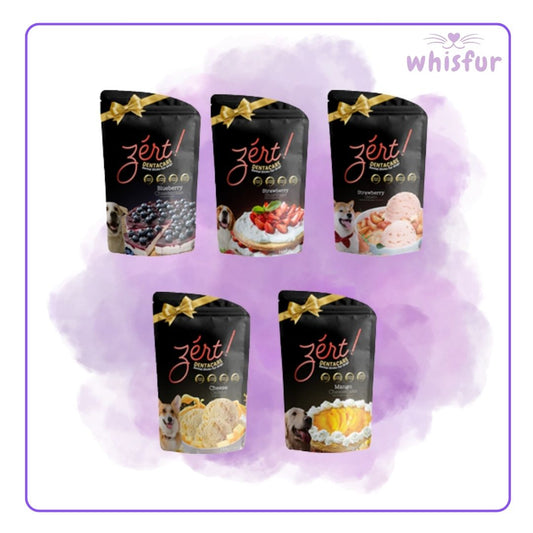 Five packages of Zért! Petfood on a purple background with 'whisfur' branding.