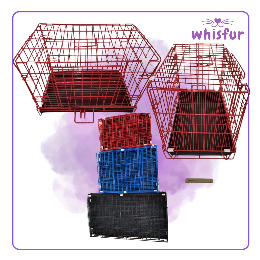 An Image of Collapsible Cage for Cats and Dogs (pc)in different sizes with the logo of Whisfur Pet Supplies at the upper right corner.