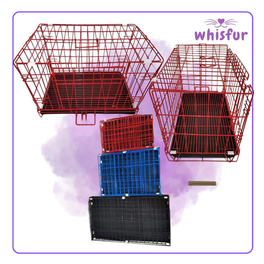 An Image of Collapsible Cage for Cats and Dogs (pc)in different sizes with the logo of Whisfur Pet Supplies at the upper right corner.