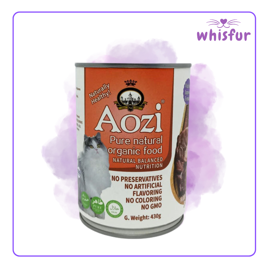An Image of Aozi Wet food for Cats (can)430g beef with the logo of Whisfur Pet Supplies at the upper right corner.