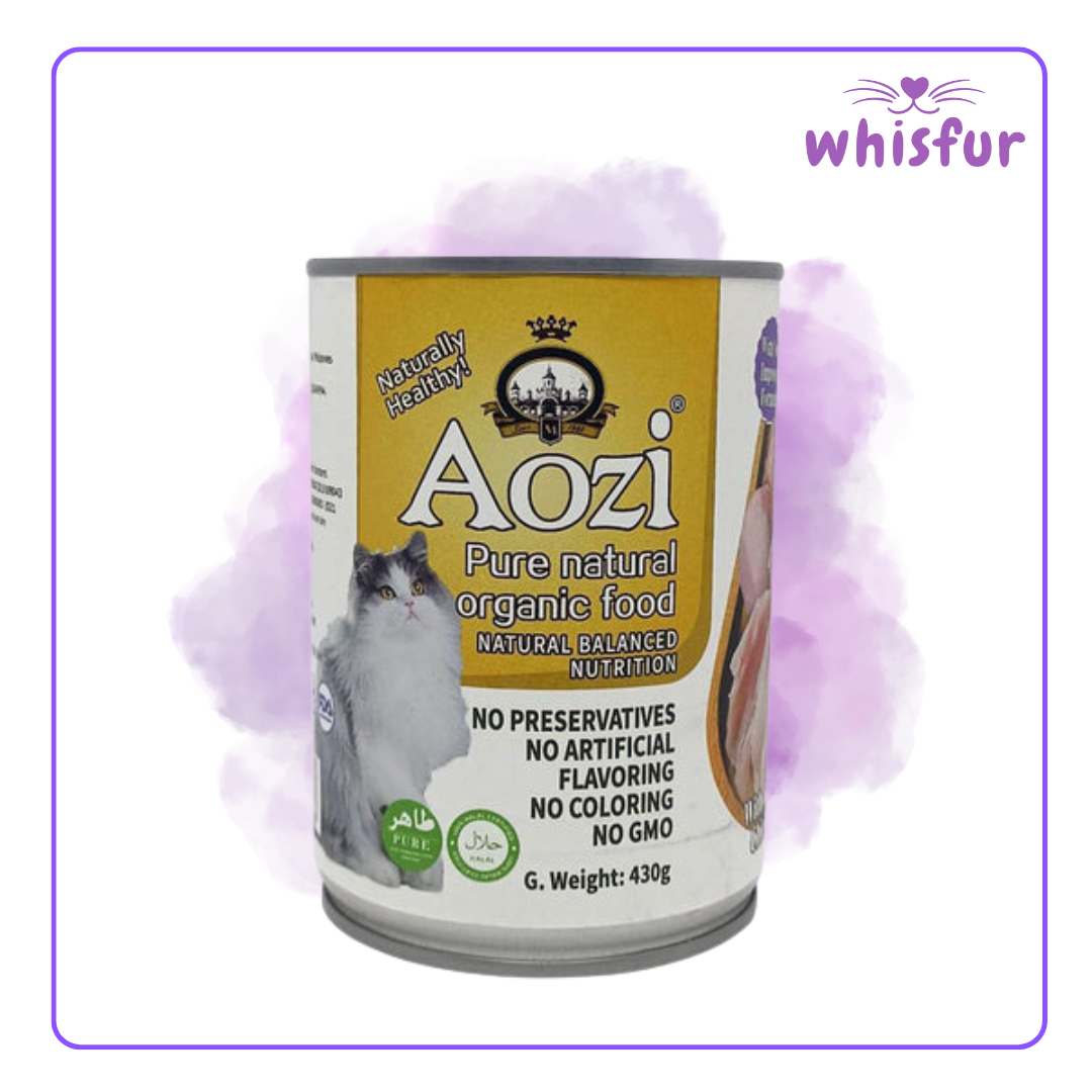 An Image of Aozi Wet food for Cats (can)430g chicken with the logo of Whisfur Pet Supplies at the upper right corner.