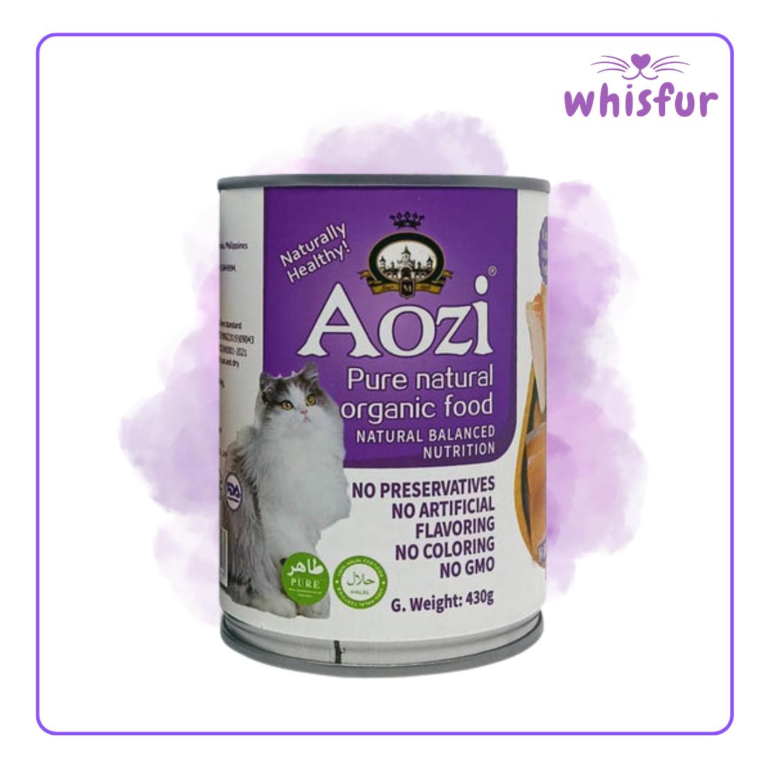 An Image of Aozi Wet food for Cats (can)430g salmon with the logo of Whisfur Pet Supplies at the upper right corner.