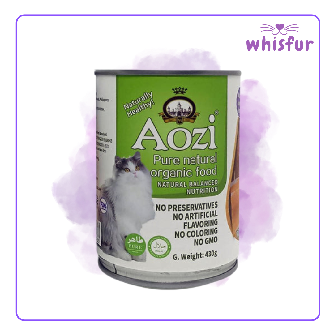 An Image of Aozi Wet food for Cats (can)430g salmon and beef with the logo of Whisfur Pet Supplies at the upper right corner.