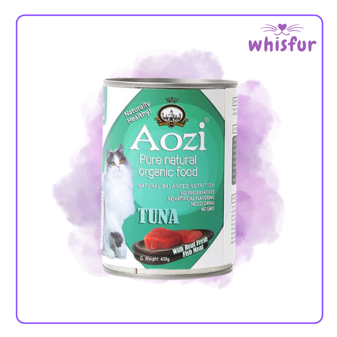 An Image of Aozi Wet food for Cats (can)430g tuna with the logo of Whisfur Pet Supplies at the upper right corner.