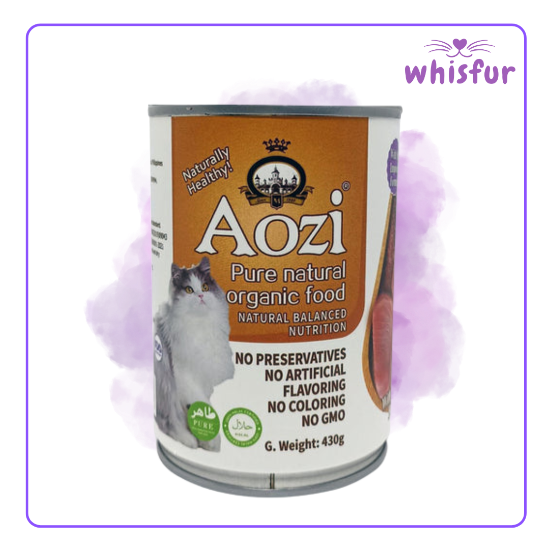 An Image of Aozi Wet food for Cats (can)430g tuna and beef with the logo of Whisfur Pet Supplies at the upper right corner.