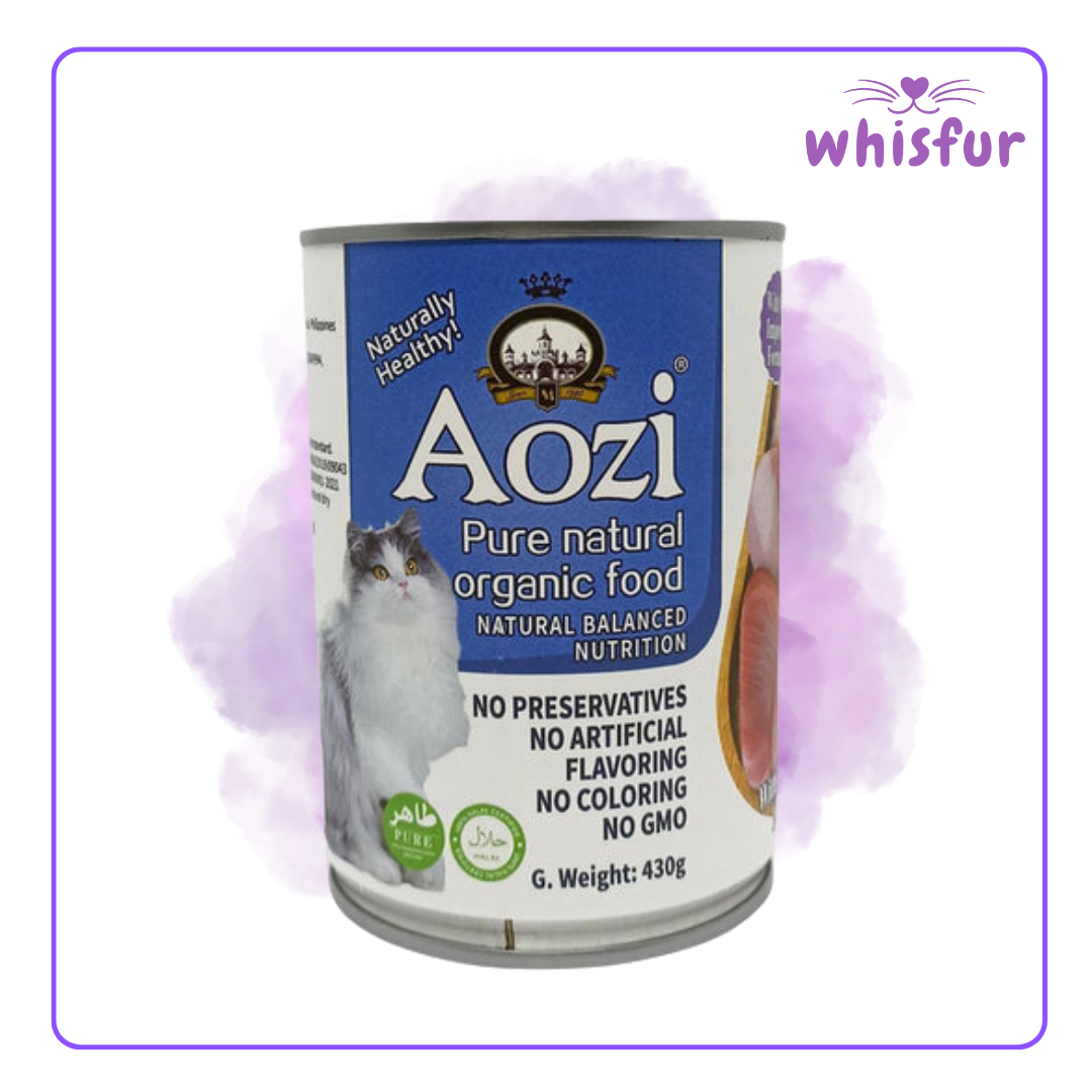 An Image of Aozi Wet food for Cats (can)430g tuna and chicken with the logo of Whisfur Pet Supplies at the upper right corner.