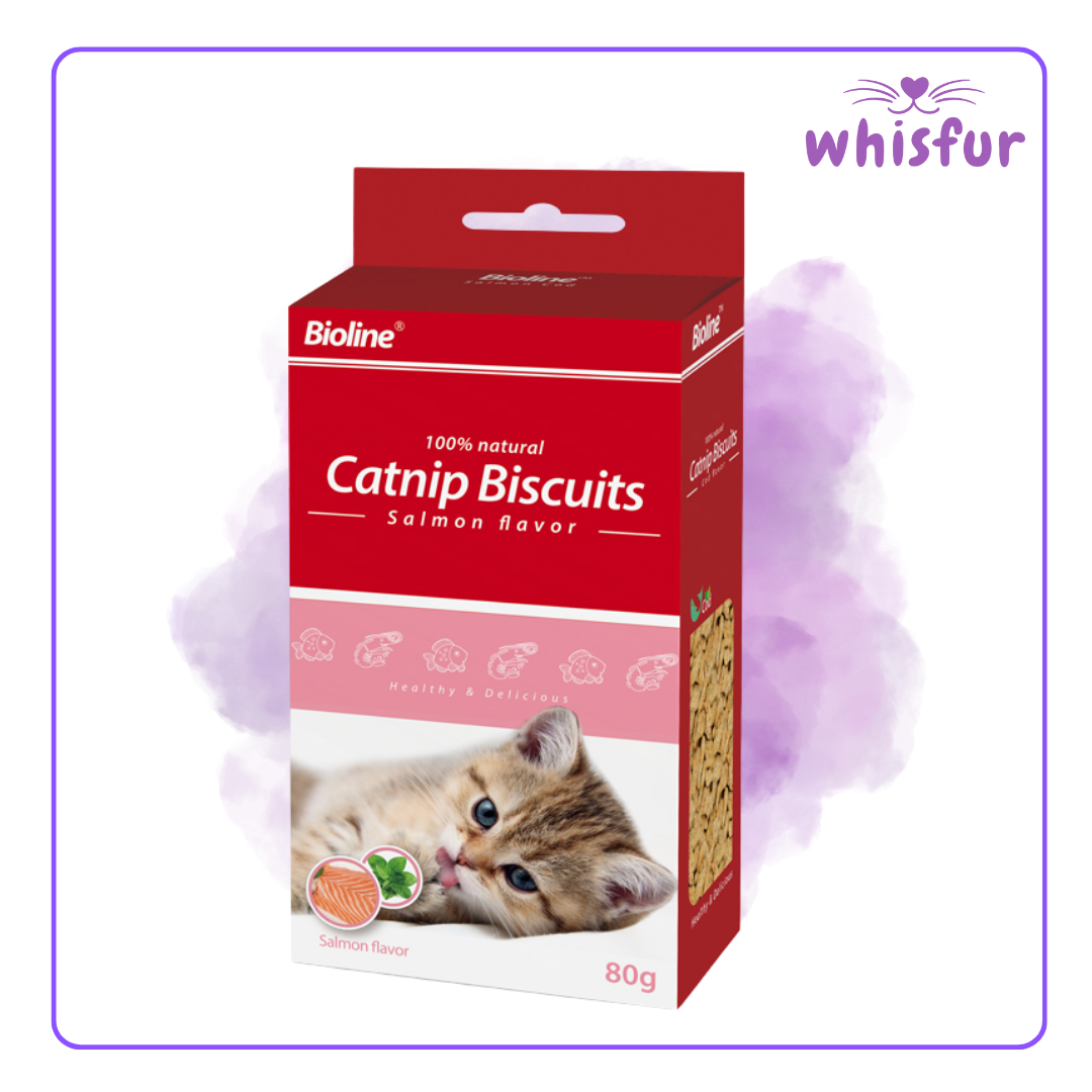 An Image of Catnip biscuits for Cat (box)80g salmon with the logo of Whisfur Pet Supplies at the upper right corner.