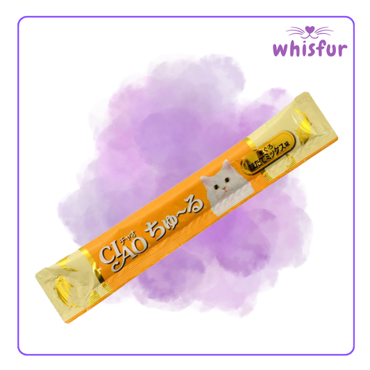 An Image of Ciao Churu Cat treat (pouch)14g churu stick with the logo of Whisfur Pet Supplies at the upper right corner.