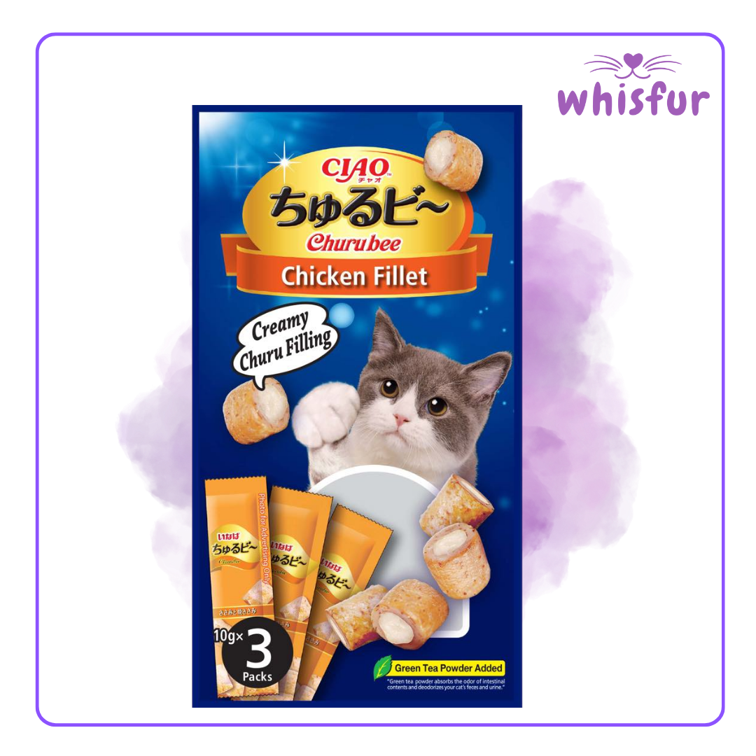 An Image of Ciao Churubee Cat Treat (pouch)30g chicken fillet with the logo of Whisfur Pet Supplies at the upper right corner.
