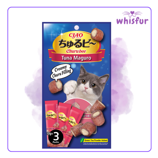An Image of Ciao Churubee Cat Treat (pouch)30g tuna maguro with the logo of Whisfur Pet Supplies at the upper right corner.