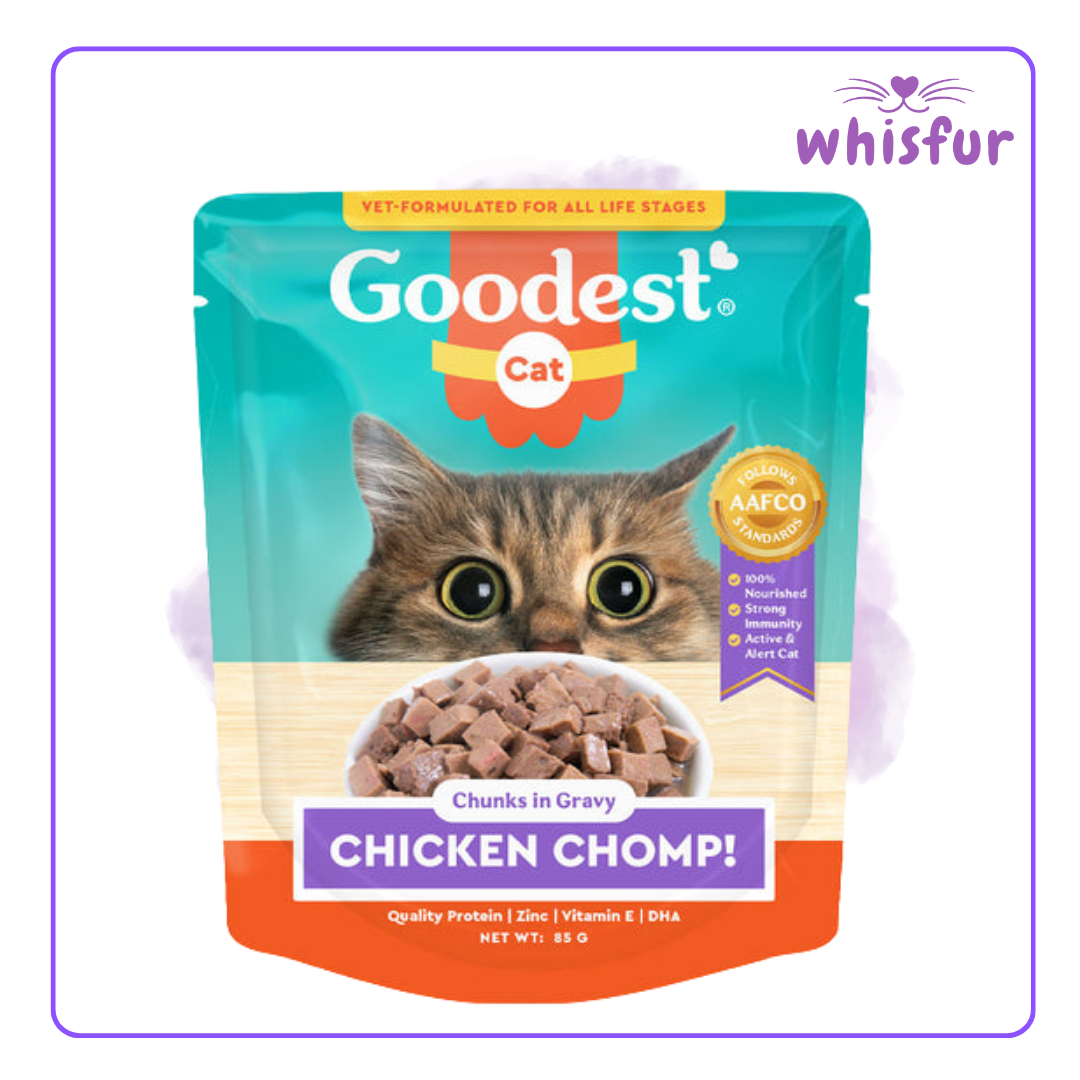 An Image of Goodest Wet Food for Cats in pouch (pouch)85g chicken with the logo of Whisfur Pet Supplies at the upper right corner.