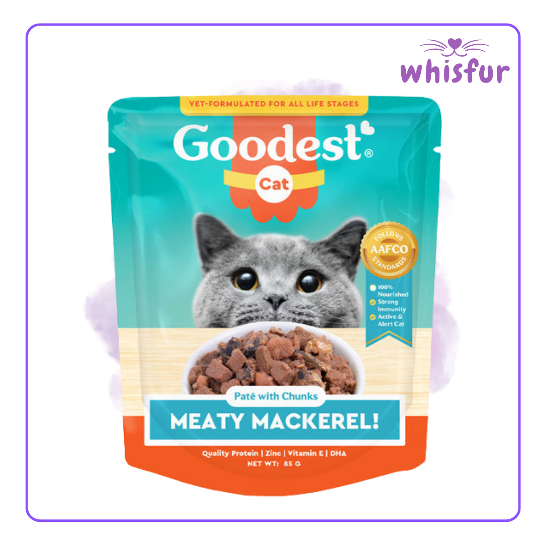 An Image of Goodest Wet Food for Cats in pouch (pouch)85g mackerel with the logo of Whisfur Pet Supplies at the upper right corner.
