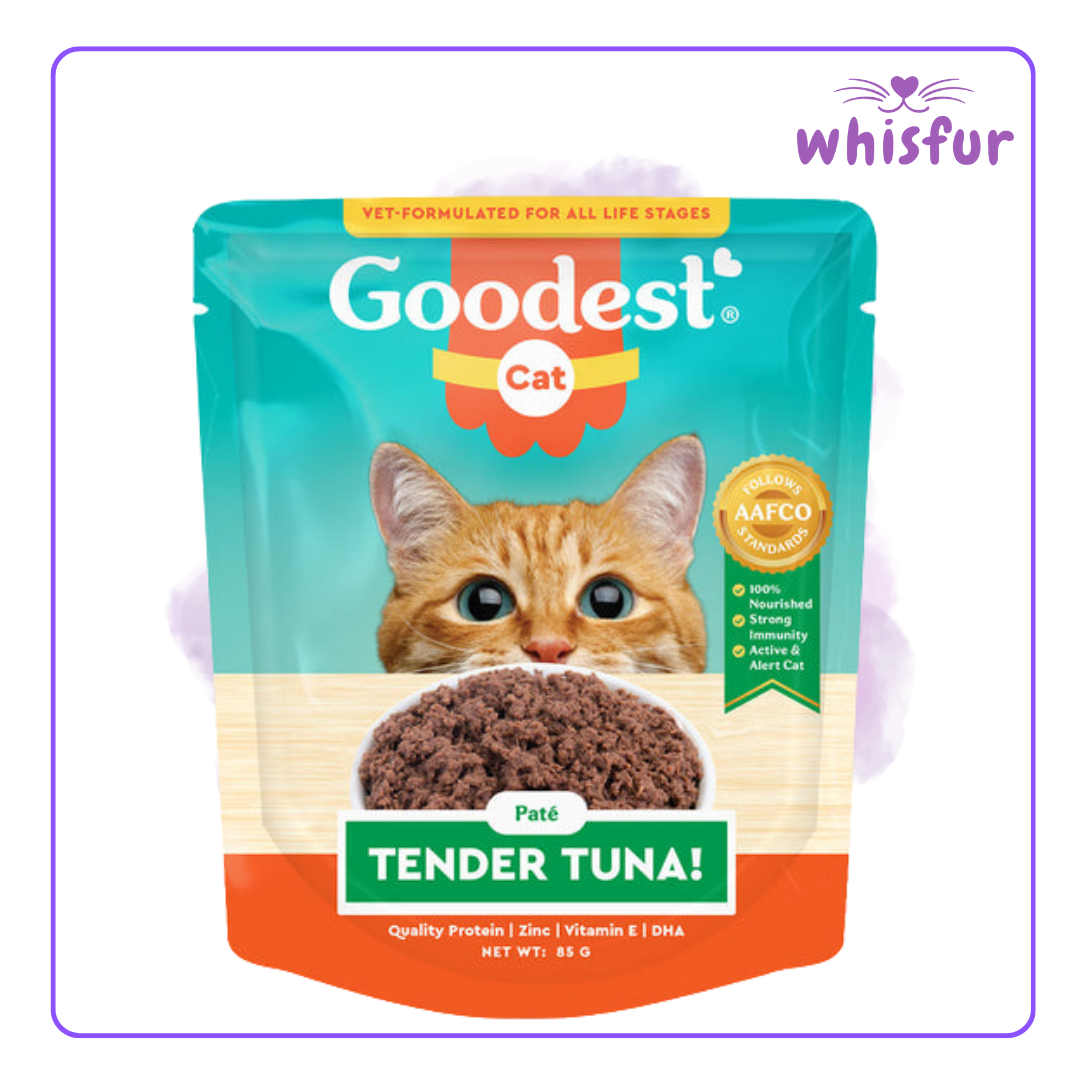 An Image of Goodest Wet Food for Cats in pouch (pouch)85g tuna with the logo of Whisfur Pet Supplies at the upper right corner.