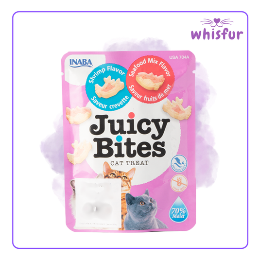 An Image of Juicy Bites Cat Treat (pouch)11g shrimp and seafood with the logo of Whisfur Pet Supplies at the upper right corner.