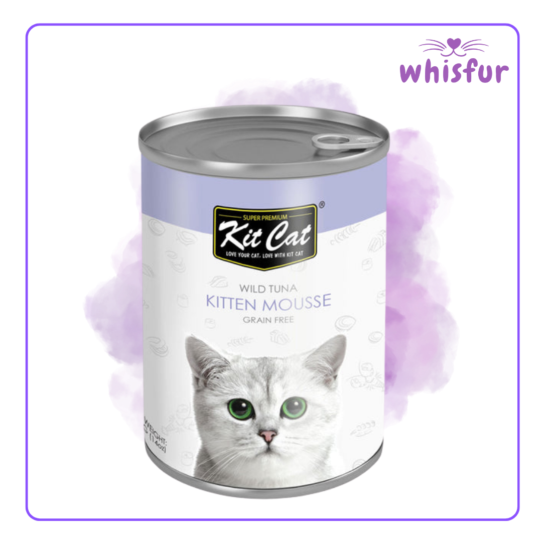 An Image of Kitcat Wet Food for Cats (can)400g kitten mousse with the logo of Whisfur Pet Supplies at the upper right corner.