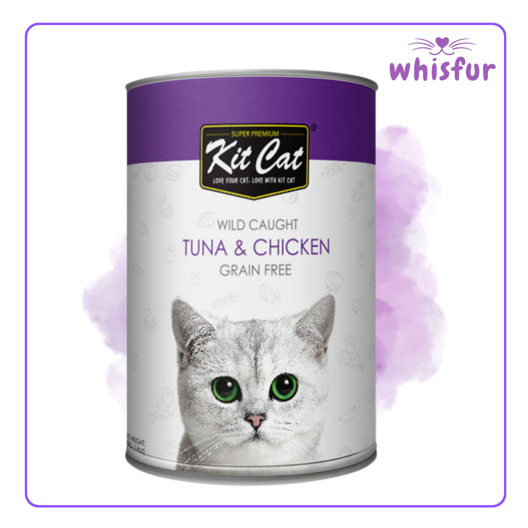 An Image of Kitcat Wet Food for Cats (can)400g tuna and chicken with the logo of Whisfur Pet Supplies at the upper right corner.
