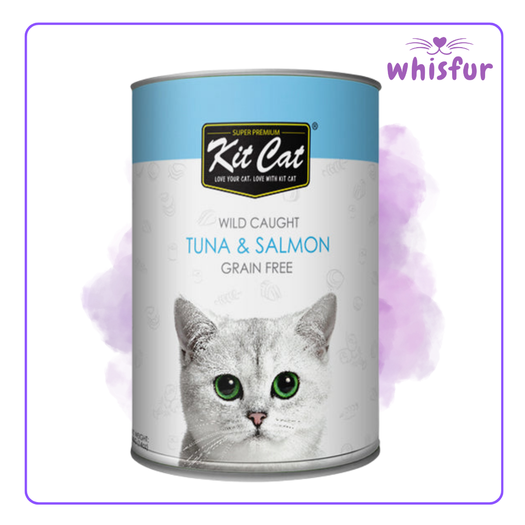 An Image of Kitcat Wet Food for Cats (can)400g tuna and salmon with the logo of Whisfur Pet Supplies at the upper right corner.