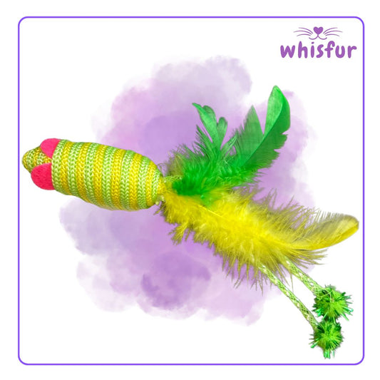 Colorful cat toy with feathers on a purple background, branded 'Whisfur'.