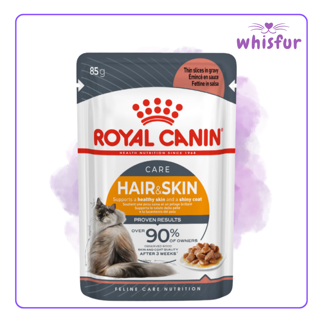 An Image of Royal Canin Wet Food for Cats in pouch (pouch)85g hair and skin with the logo of Whisfur Pet Supplies at the upper right corner.