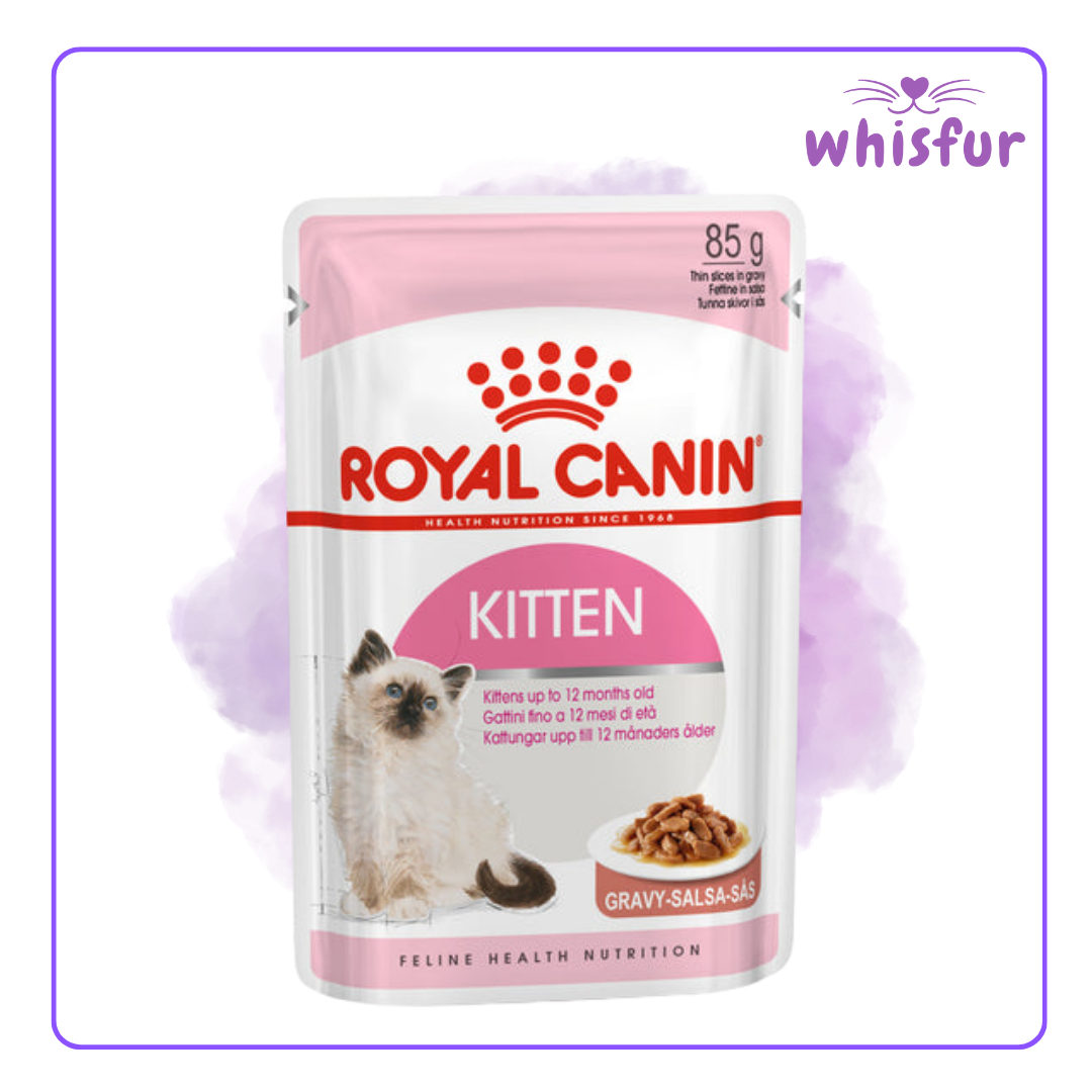 An Image of Royal Canin Wet Food for Cats in pouch (pouch)85g kitten with the logo of Whisfur Pet Supplies at the upper right corner.