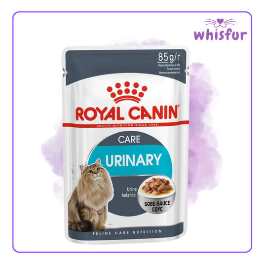 An Image of Royal Canin Wet Food for Cats in pouch (pouch)85g urinary with the logo of Whisfur Pet Supplies at the upper right corner.