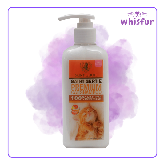 Saint Gertie Premium Cat Shampoo bottle with a purple cloud background and 'Whisfur' branding.