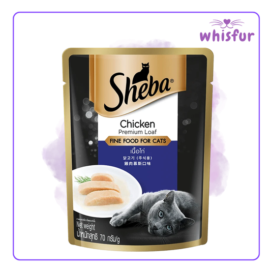 An Image of Sheba Wet Food for Cats in pouch (pouch)70g chicken with the logo of Whisfur Pet Supplies at the upper right corner.