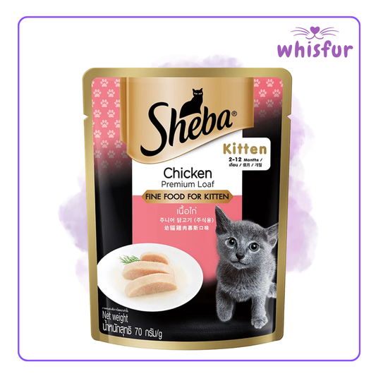An Image of Sheba Wet Food for Cats in pouch (pouch)70g chicken for kitten with the logo of Whisfur Pet Supplies at the upper right corner.