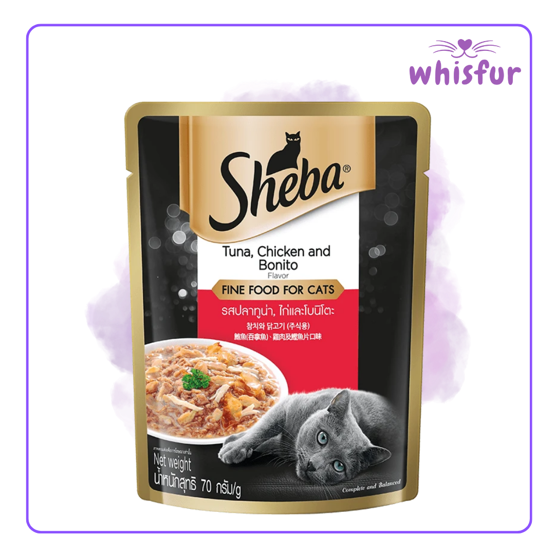An Image of Sheba Wet Food for Cats in pouch (pouch)70g tuna chicken and bonito with the logo of Whisfur Pet Supplies at the upper right corner.