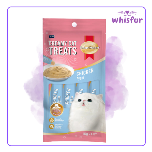 An Image of Smart Heart Creamy Cat treats (pouch)60g chicken with the logo of Whisfur Pet Supplies at the upper right corner.