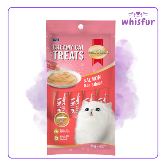 An Image of Smart Heart Creamy Cat treats (pouch)60g salmon with the logo of Whisfur Pet Supplies at the upper right corner.