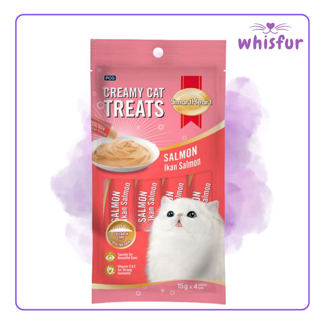 An Image of Smart Heart Creamy Cat treats (pouch)60g salmon with the logo of Whisfur Pet Supplies at the upper right corner.