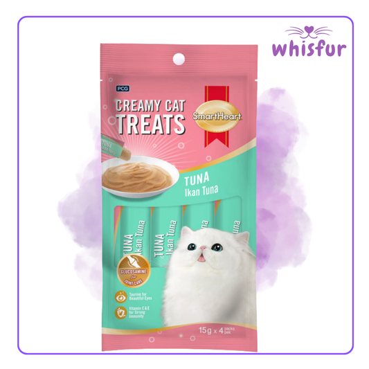 An Image of Smart Heart Creamy Cat treats (pouch)60g tuna with the logo of Whisfur Pet Supplies at the upper right corner.