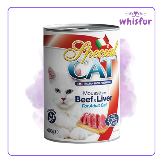 An Image of Special Cat Wet Food for Cats (can)400g beef and liver with the logo of Whisfur Pet Supplies at the upper right corner.