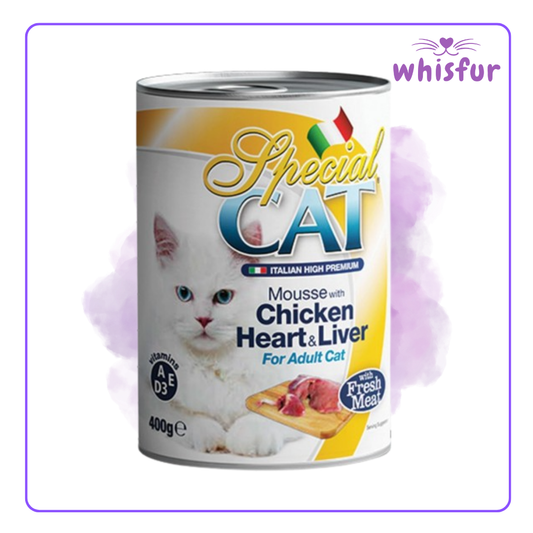 An Image of Special Cat Wet Food for Cats (can)400g chicken heart and liver with the logo of Whisfur Pet Supplies at the upper right corner.