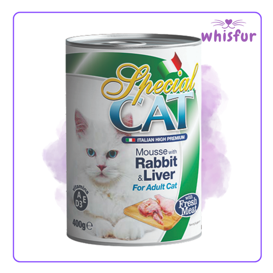 An Image of Special Cat Wet Food for Cats (can)400g rabbit and liver with the logo of Whisfur Pet Supplies at the upper right corner.