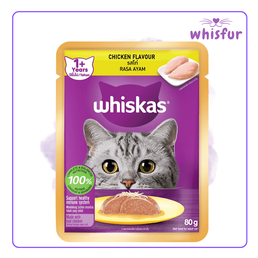 An Image of Whiskas Wet Food for Cats in pouch (pouch)80g chicken with the logo of Whisfur Pet Supplies at the upper right corner.