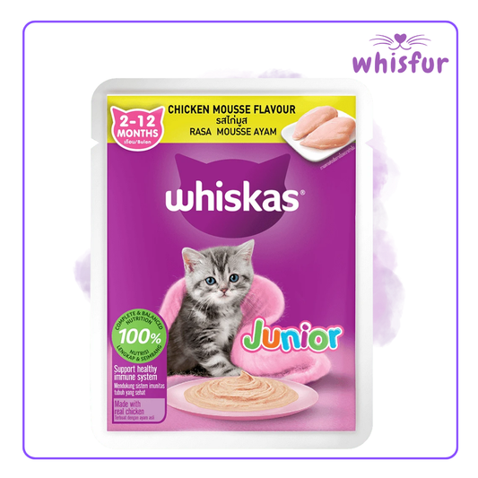 An Image of Whiskas Wet Food for Cats in pouch (pouch)80g chicken junior with the logo of Whisfur Pet Supplies at the upper right corner.