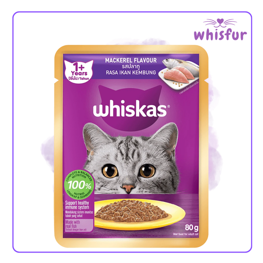 An Image of Whiskas Wet Food for Cats in pouch (pouch)80g mackerel with the logo of Whisfur Pet Supplies at the upper right corner.