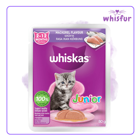 An Image of Whiskas Wet Food for Cats in pouch (pouch)80g mackerel junior with the logo of Whisfur Pet Supplies at the upper right corner.