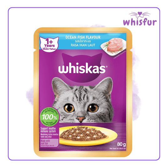 An Image of Whiskas Wet Food for Cats in pouch (pouch)80g ocean fish with the logo of Whisfur Pet Supplies at the upper right corner.